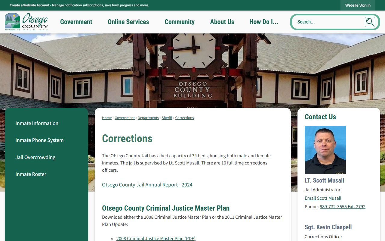 Otsego County inmate population corrections page showing jail capacity