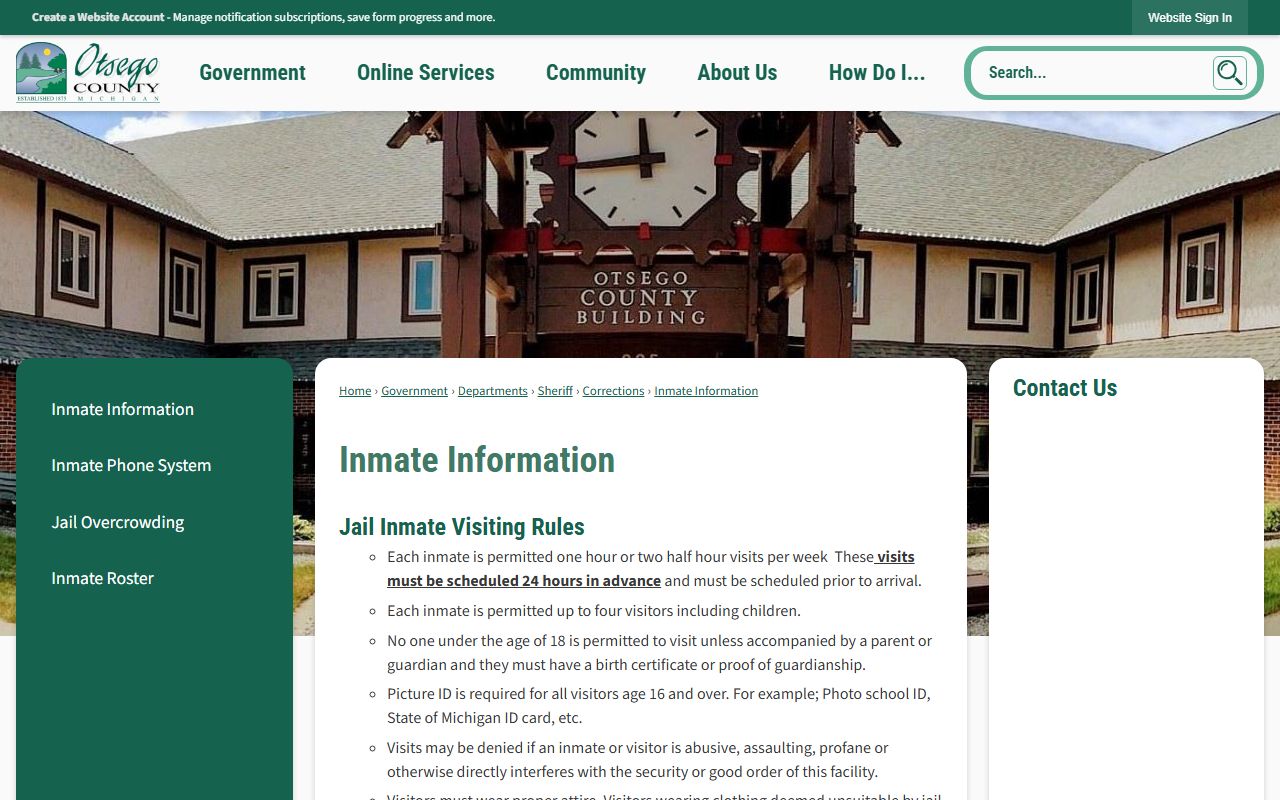 Otsego County Jail inmate information and visitation rules