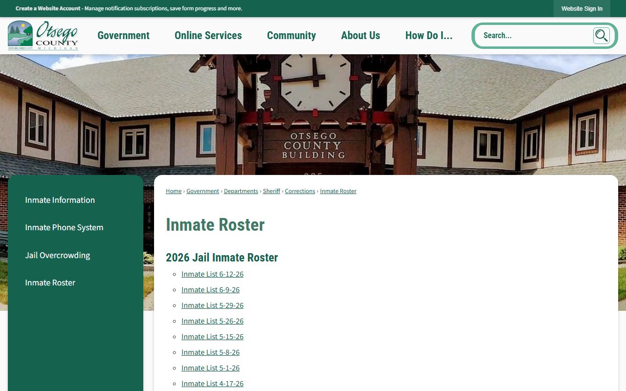 Otsego County dated inmate roster PDF archive